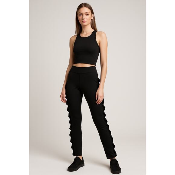 Streetwear Athleisure Black Ruffle Side Leggings Romansong Size M5 - Picture 1 of 6